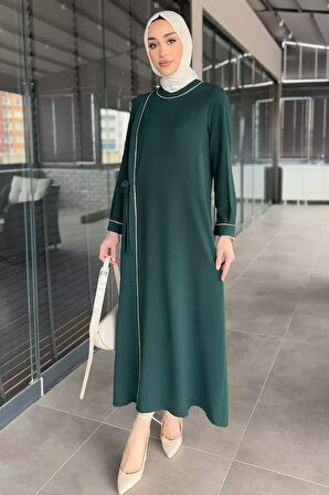 Kadın Bel Kuşaklı Taş İşlemeli Büyük Beden Tesettür Elbise