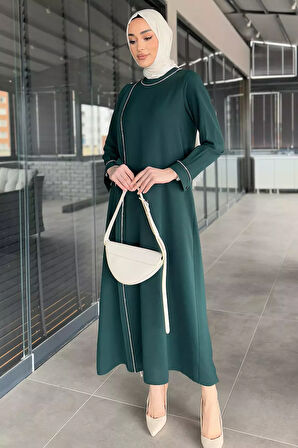 Kadın Bel Kuşaklı Taş İşlemeli Büyük Beden Tesettür Elbise