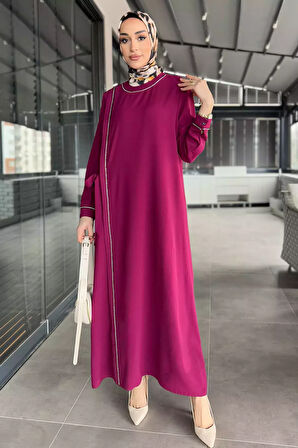 Kadın Bel Kuşaklı Taş İşlemeli Büyük Beden Tesettür Elbise