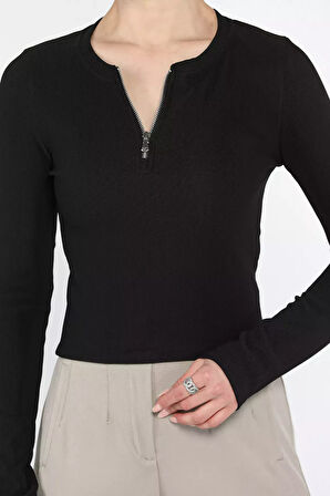 Kadın Yarım Fermuarlı Crop Body Bluz
