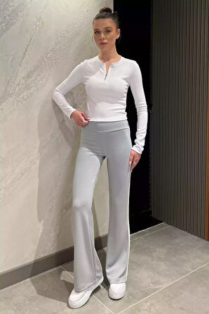 Yan Şeritli Yüksek Bel Bol Paça Kadın Pantolon