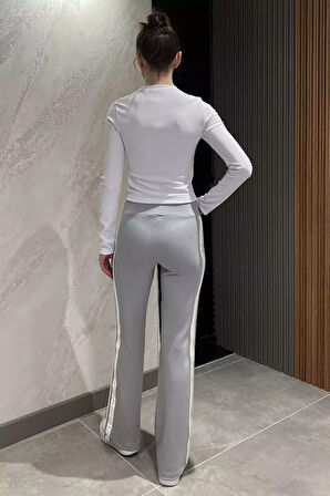 Yan Şeritli Yüksek Bel Bol Paça Kadın Pantolon