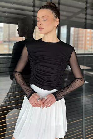 Bisiklet Yaka Ön Büzgülü Transparan Kadın Crop Bluz