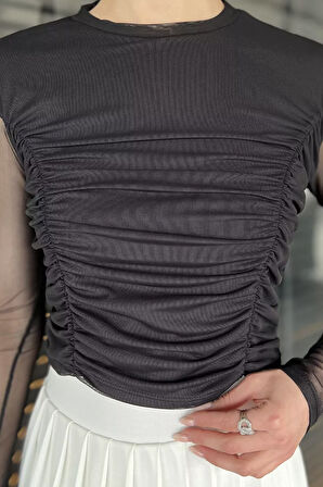 Bisiklet Yaka Ön Büzgülü Transparan Kadın Crop Bluz