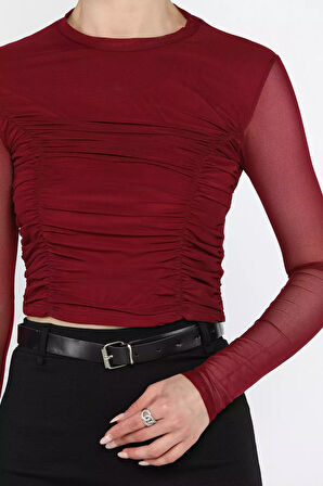 Bisiklet Yaka Ön Büzgülü Transparan Kadın Crop Bluz