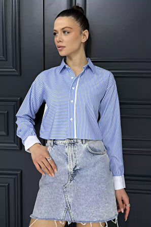 Çizgili Kadın Crop Top Gömlek