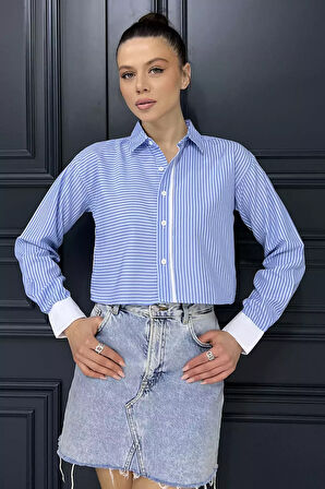 Çizgili Kadın Crop Top Gömlek