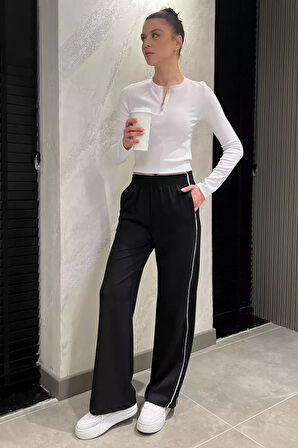 Bel Lastikli Yan Şeritli Bol Paça Kadın Pantolon