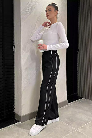 Bel Lastikli Yan Şeritli Bol Paça Kadın Pantolon