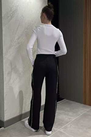 Bel Lastikli Yan Şeritli Bol Paça Kadın Pantolon