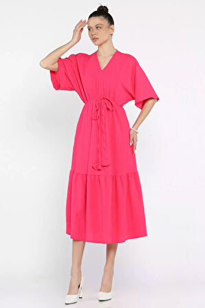 Bel Bağlamalı V Yaka Kadın Elbise