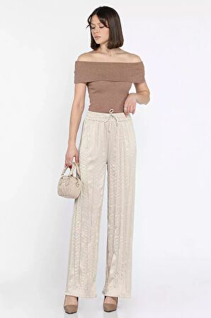 Kadın Bel Lastikli Yüksek Bel Saten Pileli Pantolon