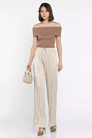 Kadın Bel Lastikli Yüksek Bel Saten Pileli Pantolon