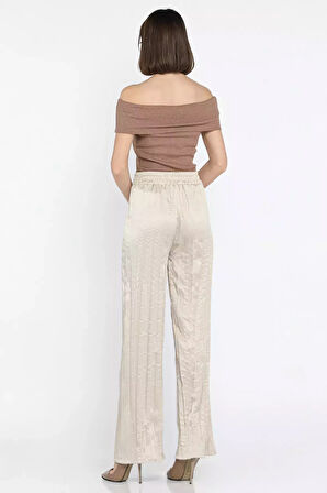 Kadın Bel Lastikli Yüksek Bel Saten Pileli Pantolon