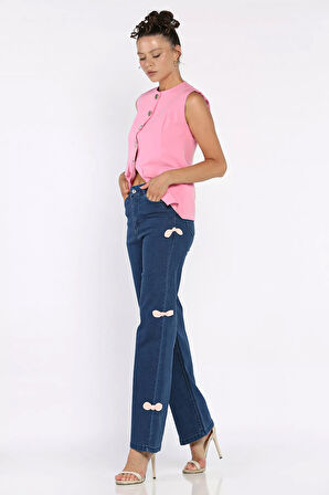 Fiyonk Detaylı Yüksek Bel Bol Paça Kadın Jean Kot Pantolon