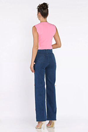 Fiyonk Detaylı Yüksek Bel Bol Paça Kadın Jean Kot Pantolon