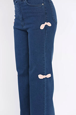 Fiyonk Detaylı Yüksek Bel Bol Paça Kadın Jean Kot Pantolon