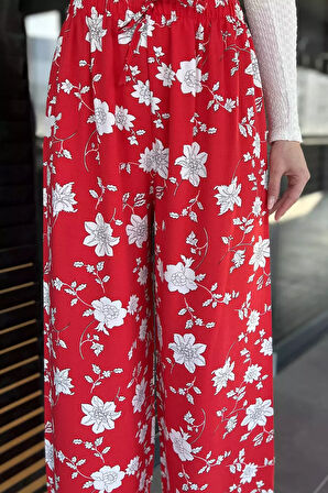 Kadın Çiçek Desenli Viskon Yürüyüş Pantolonu