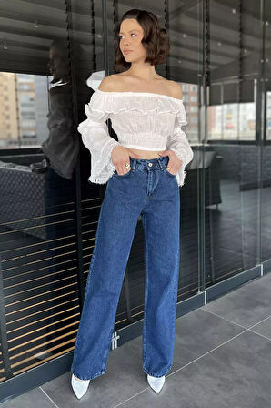 Kadın Bol Paça Yüksek Bel Jean Kot Pantolon