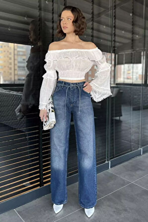 Bel Bağlamalı Bol Paça Kadın Jean Kot Pantolon