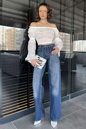 Bel Bağlamalı Bol Paça Kadın Jean Kot Pantolon