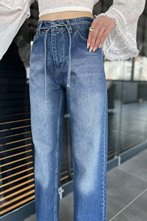 Bel Bağlamalı Bol Paça Kadın Jean Kot Pantolon