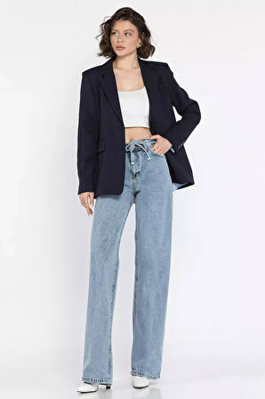 Bel Bağlamalı Bol Paça Kadın Jean Kot Pantolon