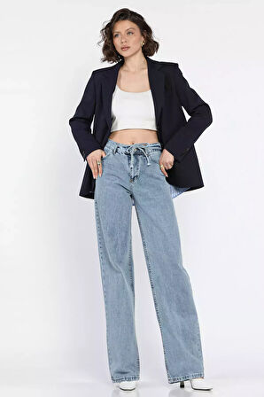 Bel Bağlamalı Bol Paça Kadın Jean Kot Pantolon