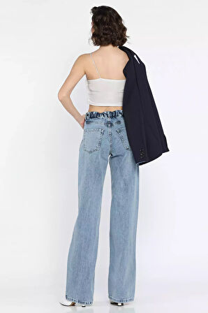 Bel Bağlamalı Bol Paça Kadın Jean Kot Pantolon