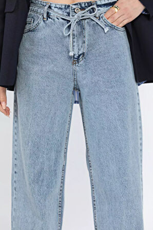 Bel Bağlamalı Bol Paça Kadın Jean Kot Pantolon