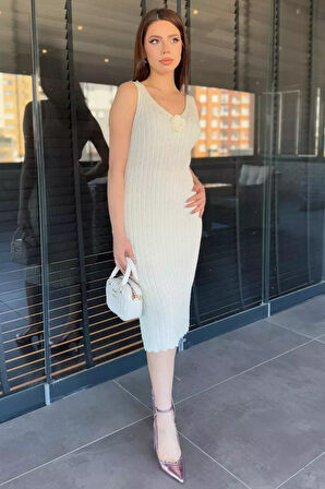 Gül Detaylı Kadın Örme Triko Elbise ( İçlikle Giyilmesi Önerilir)