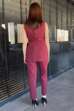 Kadın Broş Detaylı Bel Lastikli Yelek Pantolon İkili Takım