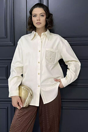 Kadın Tek Cepli Dantel İşleme Detaylı Keten Gömlek