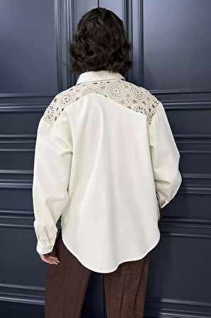 Kadın Tek Cepli Dantel İşleme Detaylı Keten Gömlek