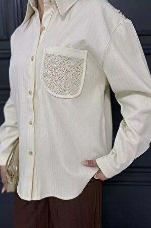 Kadın Tek Cepli Dantel İşleme Detaylı Keten Gömlek