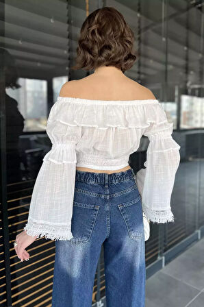 Kadın Yaka Ve Bel Büzgülü Fırfırlı Crop Top Bluz