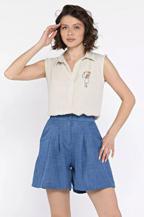 Kadın Bel Büzgülü Pileli Bol Kesim Yüksek Bel Şort