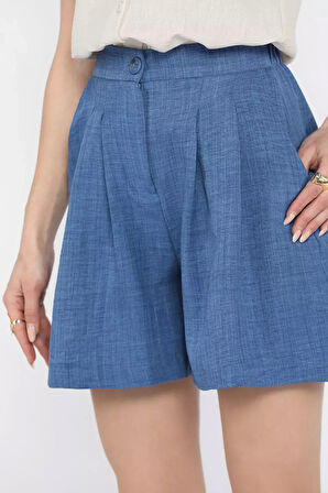 Kadın Bel Büzgülü Pileli Bol Kesim Yüksek Bel Şort