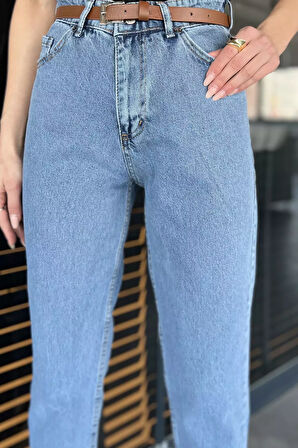 Dar Paça Kemerli Kadın Jean Kot Pantolon