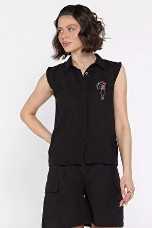 Nakışlı Kolsuz Kadın Keten Gömlek