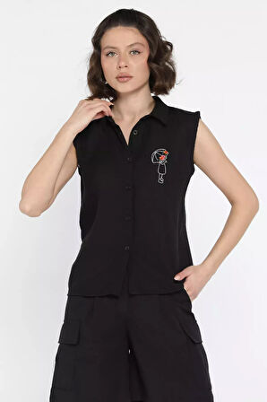 Nakışlı Kolsuz Kadın Keten Gömlek