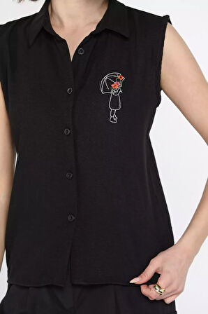 Nakışlı Kolsuz Kadın Keten Gömlek