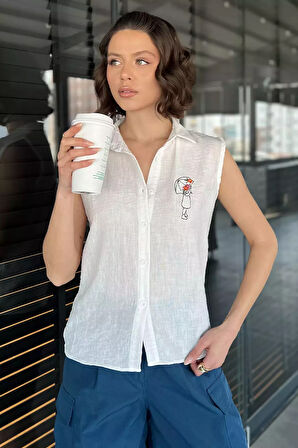 Nakışlı Kolsuz Kadın Keten Gömlek