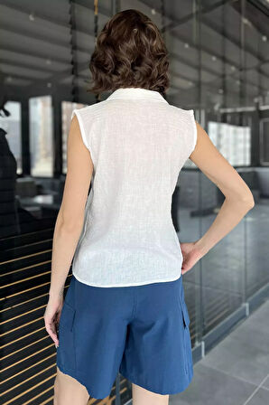 Nakışlı Kolsuz Kadın Keten Gömlek