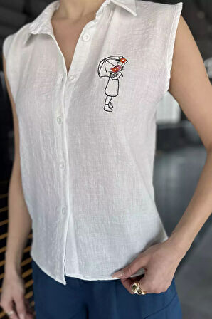 Nakışlı Kolsuz Kadın Keten Gömlek