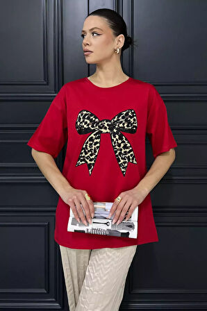 Leopar Desen Kurdele Baskılı Bisiklet Yaka Kadın Tişört