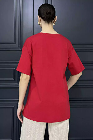 Leopar Desen Kurdele Baskılı Bisiklet Yaka Kadın Tişört