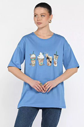 Bisiklet Yaka Ön Baskılı Kadın Tişört