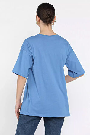 Bisiklet Yaka Ön Baskılı Kadın Tişört