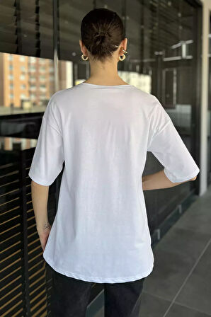 Ön Leopar Desen Kalp Baskılı Bisiklet Yaka Kadın Tişört